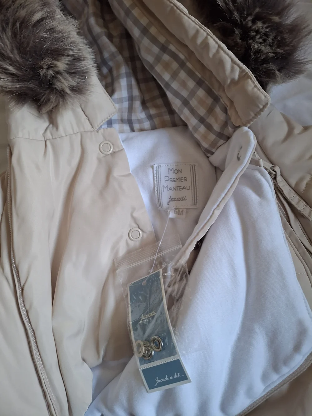 Jacadi Cream Quilted Fleece-Lined Baby Snowsuit with Faux Fur Hood